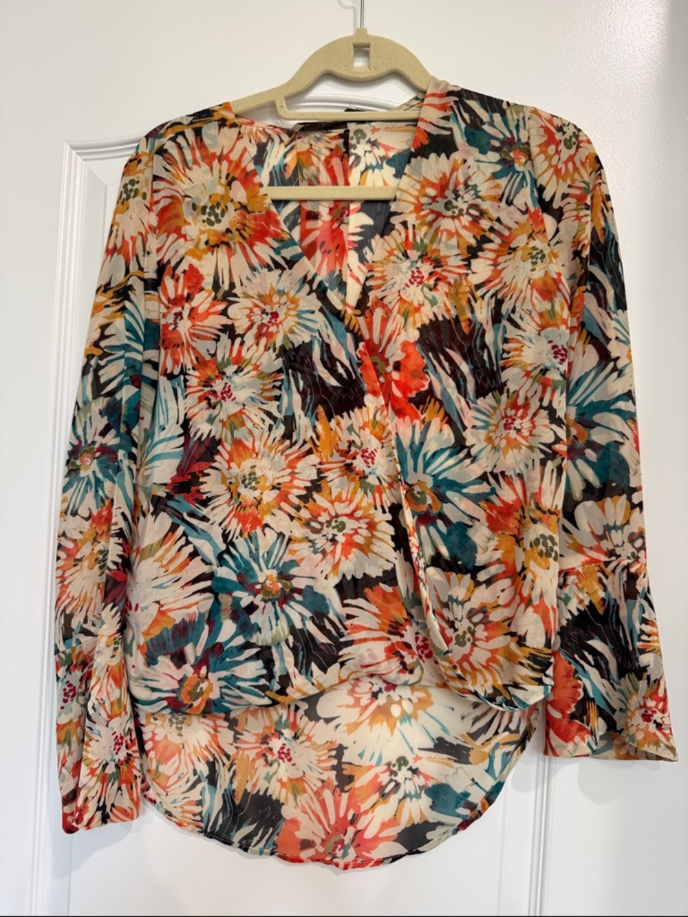 Veronica M Floral V-Neck Long Sleeve Blouse - Coral, Teal, Cream, Black